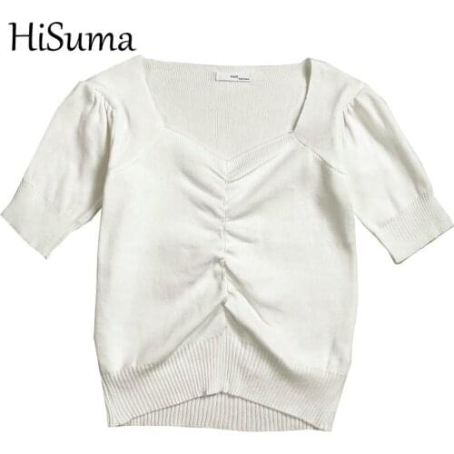 2020 Summer Women Puff Sleeve V-Neck Basic Ruffles Knitted Shirt Vintage Lady Short Elastic Slim High Waist Pullover Blouse Tops