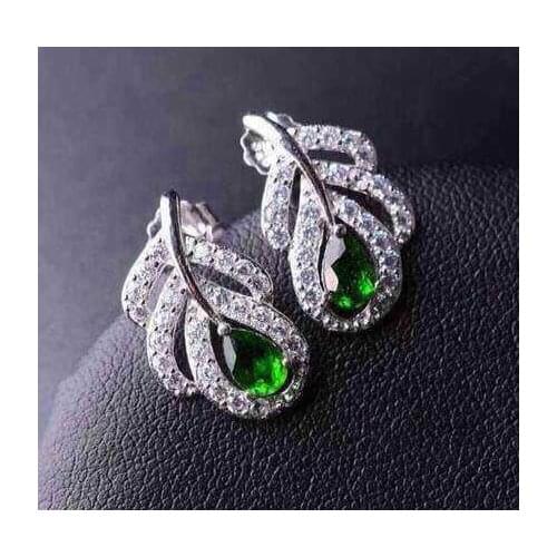 Natural diopside stud earrings 925 silver natural green gemstone earrings women personality fashion feather Earrings for party