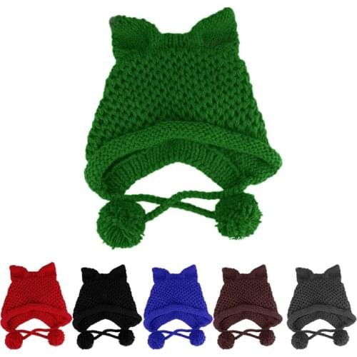 Women Winter Chunky Knitted Beanie Hat Cute 3D Cat Ears Solid Color Handmade Crochet Windproof Warm Earflap Cap with Pompom