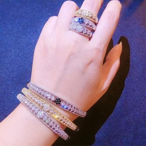 Handmade Sparkling Luxury Jewelry 925 Sterling Silver&Gold Fill Round Cut White 5A Zircon Lucky Bangle Women Wedding Open Ring