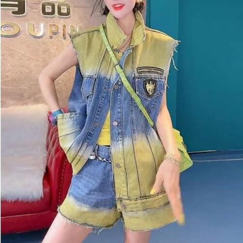Summer Gradient Color Patches Denim 2 Piece Sets For Women Street Style Sleeveless Vest and Jean Shorts