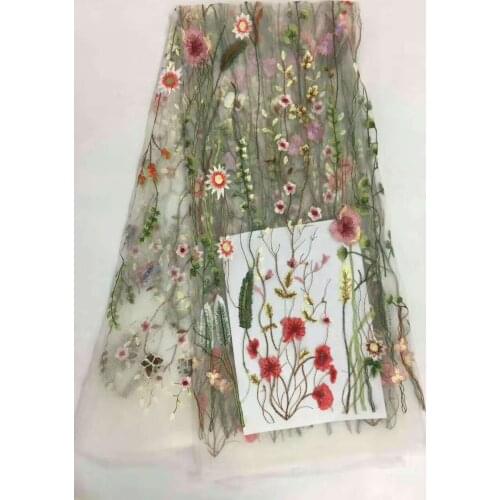 5yards BB817 good quality nice colorful floral wild flower embroidery net mesh lace fabric for evening dress/wedding