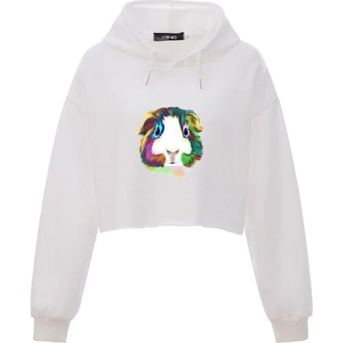 Watercolor Guinea Pig Top Hoodie Cotton Harajuku Kawaii Cropped Sweatshirt Women 90s Aesthetic Drop Shoulder Hoddies Long Sleeve