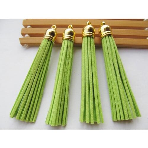 Free Shipping 100Pcs 90mm Fresh Green Suede Leather Jewelry Tassel For Key Chains/ Cellphone Charms Top Plated End Caps Cord