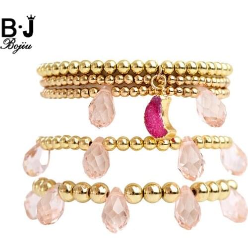 BOJIU Pink Crystal Gold Beads Bracelets For Women Fashion Water Drop Moon Bracelet Jewelry Charm Bracelet Femme Jewelry BCSET116