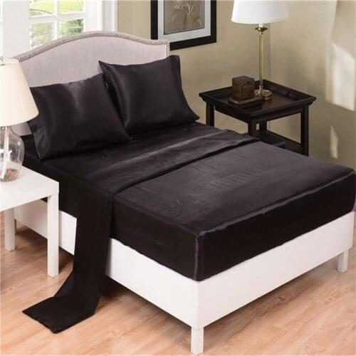 Home Textile Black Solid Silk Satin 4 Pcs Twin/Full/Queen/King Luxury Bedding Sets Bed Linen Sheet Set Flat Sheet+Fitted Sheet