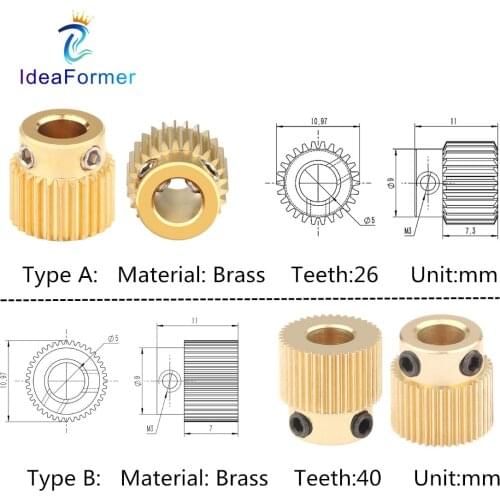 5Pcs 3D Printer Parts Mk7 MK8 Extruder Feeder Drive Gear Brass Half-teeth Bore 5mm Diameter 11mm 26/40T Feeder Extrusion Wheel