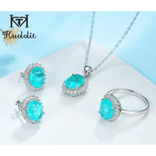 Kuololit Paraiba Tourmaline Gemstone Jewelry Set for Women Solid 925 Sterling Silver Ring Earrings Necklaces for Wedding Gifts