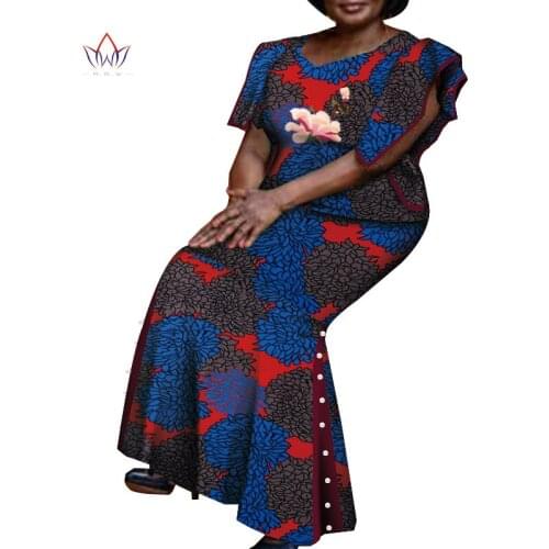 African short Sleeve Print Tops and Skirt Sets for Women Bazin Riche African Clothing 2 Pieces Customize Skirts Sets WY4392