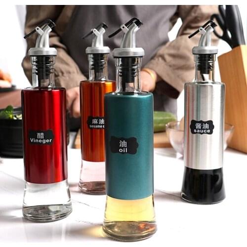 Kitchen Household Glass Oil Bottle Leak-proof Stainless Steel Oil Can Soy Sauce Vinegar Seasoning Bottle Set Oil Tank Bottle