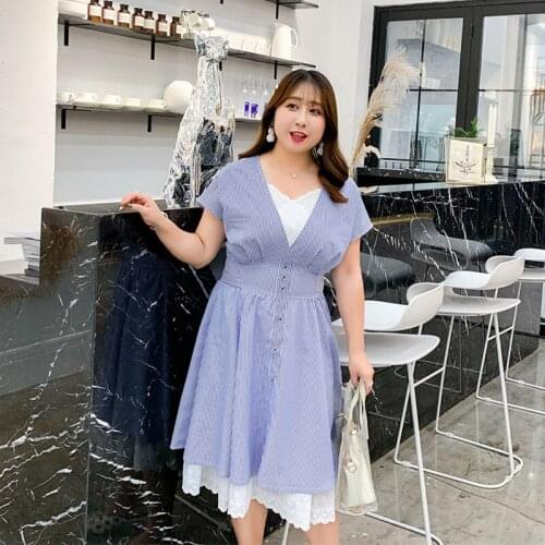 Fashion A-Line Stripe Loose 4xl V Neck Women Dress Short Sleeves Plus Size Sexy Party Dress with Belt Lace Casual Cotton Dress