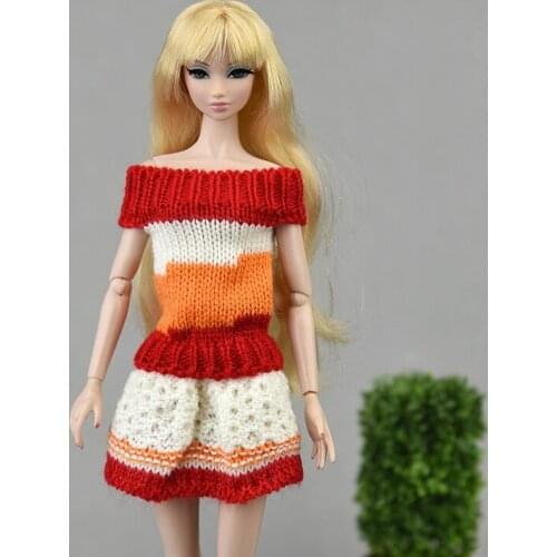 Handmade Knitted 1/6 BJD Doll Clothes For Barbie Dress Red Orange White Woven Outfits Winter Warm Sweater 11.5" Dolls Accessory