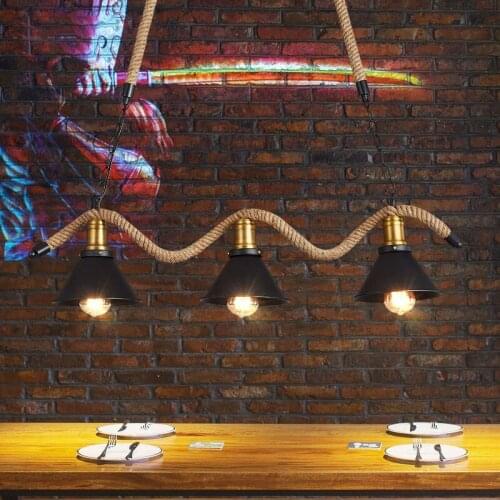 Industrial hanging lamp Vintage chandelier black metal rope pendant light for living dining room Home loft pendant light