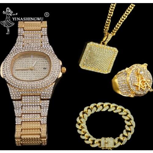 Luxury Gold Watch Hip Hop Men Watch & Necklace & Bracelet Combo Set Ice Out Cuban Chain Necklace For Men Rapper Colgante Hombre