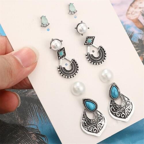 9 Style Women Pearl Flower Crystal Studs Earrings 5 Pairs/Set Girls Vintage Elegant Flower Leaves Triangular Ear Jewelry Gift