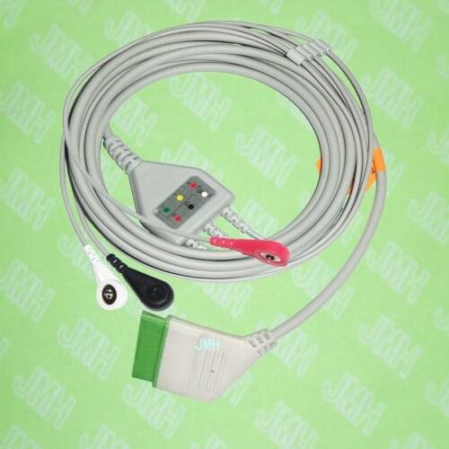 Compatible with 12pin Nihon Kohden ECG Machine the one-piece 3 lead cable and snap leadwire,IEC or AHA