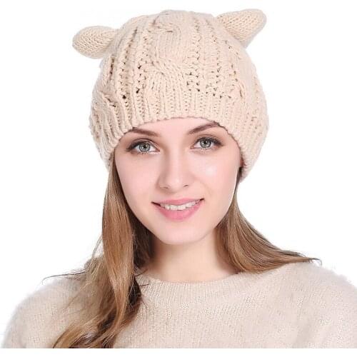 Women Winter Harajuku Woolen Knitting Beanie Devil Horns Cat Ear Crochet Braided Knitted Fur Cap Noverlty Girls Hat