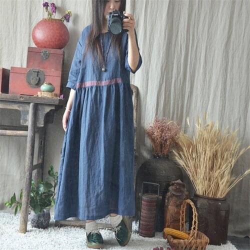 Johnature Ramie Summer Dresses For Women Solid Color O-Neck Seven Sleeve 2021 New Loose Vintage Female Dresses