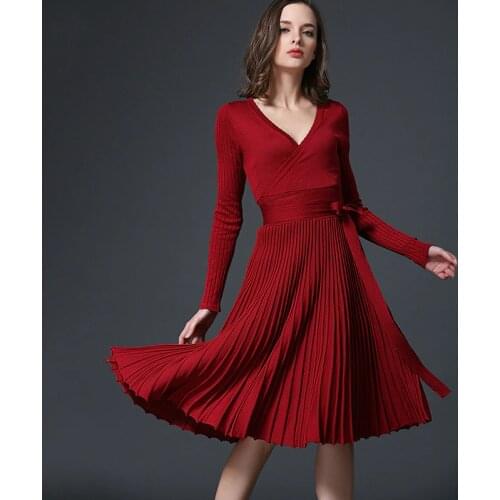 Lady Office Women Dress Spring And Autumn Dress Sexy Long Sleeve V Neck Knitting Dresses Elegant