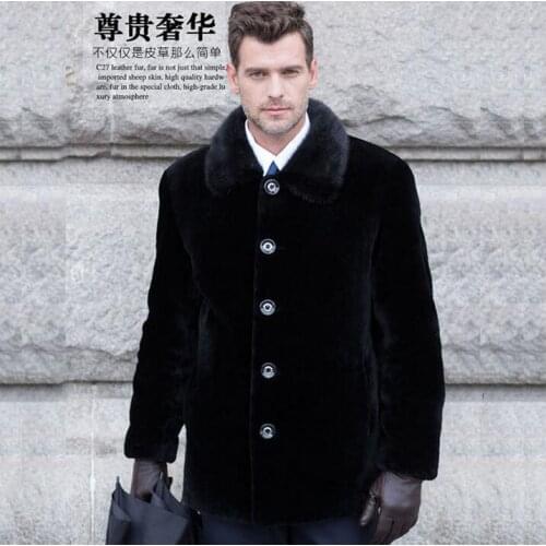 Winter faux marten fur coats mens thicken warm medium-long overcoat mens mink leather jackets and coats turn-down collar black