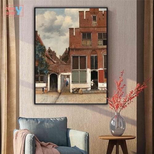 Famous Oil Paintings Small Street Buildings By Vermeer Wall Art Reproduction Pictures for Home Room European Vintage Home Decor