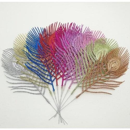 20pcs Artificial Glitter Peacock Tail Leaf Branch For Flower Arrangement Wedding Christmas Tree Party Home Garden Decoration