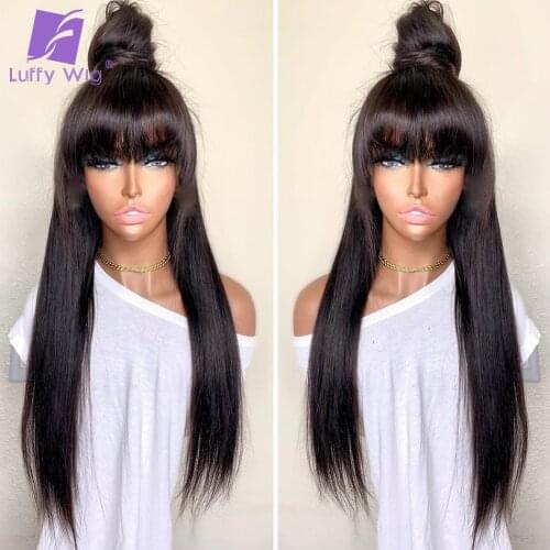 200% Density Straight Human Hair 4x4 Lace Closure Wigs With Bangs Brazilian Remy Hair Machine Wig Scalp Top For Women LUFFY