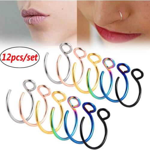 5-12Pc Punk Stainless Steel Nose Ring Clips Lip Rings Earring Helix Rook Tragus Faux Septum Body Piercing Jewelry 8mm