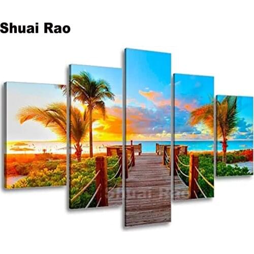 5pcs diamond painting Seascape Sunrise coconut tree wooden bridge cross stitch mosaic full square round diamond Embroidery