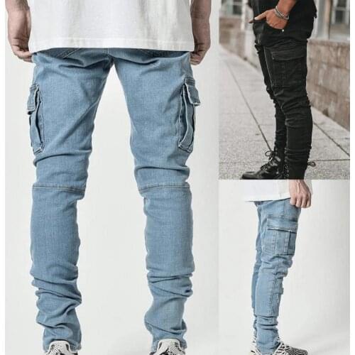Fashion Men Jeans Casual Multi Pockets Solid Color Male Denim Pants Slim Mid Waist Stretchy Skinny Jeans Men Denim Trousers