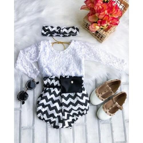 FOCUSNORM Newborn Baby Girls Clothes Sets 3pcs Lace Floral Printed Long Sleeve Romper Striped Shorts Headband