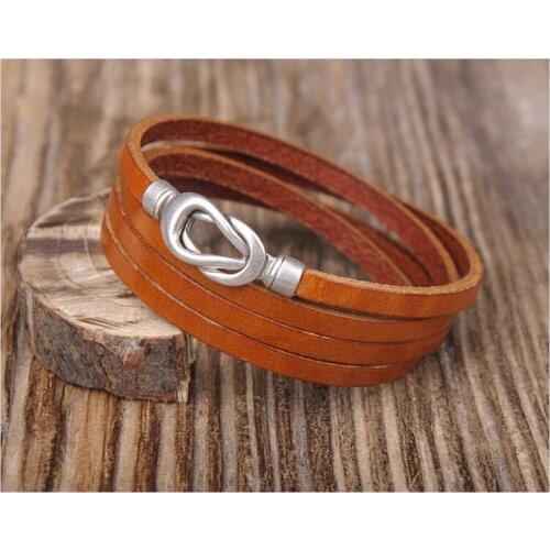 G324 Khaki Cool Alloy Infinity Clasp Leather Multi Wrap Bracelet Cuff Mens New