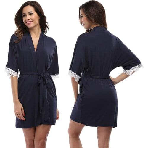 Witbuy Mini Modal Robe Night Wear Women Summer Solid Kimono Intimate Sleepwear Coat With Lace Patchwork Bandage Bathrobe 2021