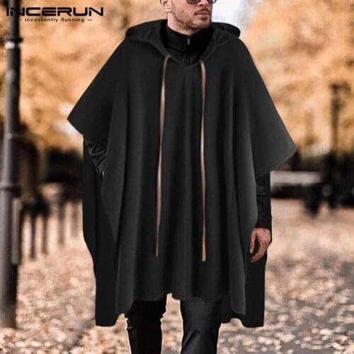 INCERUN Fashion Men Cloak Coats Hooded Solid Color Cape 2021 Streetwear Poncho V Neck Loose Coat Irregular Men Long Trench S-5XL