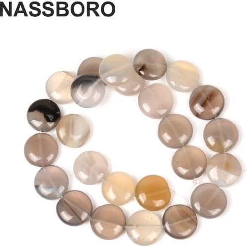 NASSBORO 16mm Flat Round Gray Agat Beads Natural Stone Beads DIY Loose Beads for Jewelry Making Bracelet Necklace Handmade