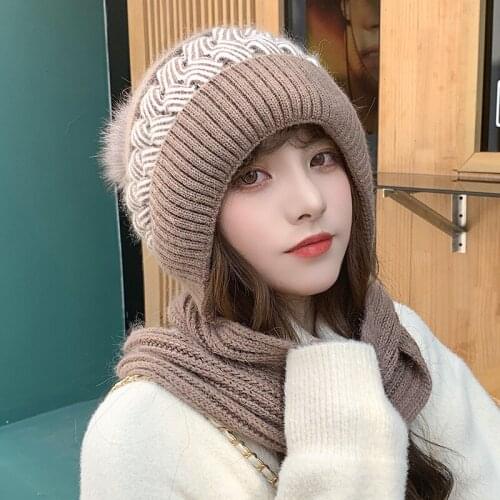 2021 New women Winter Warm Rabbit fur HatsTogether With Scarf Female Ear Protector Knit Skullies Beanies Hat
