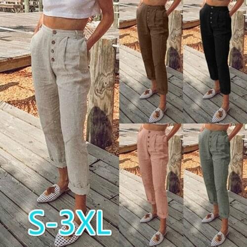 Solid Cotton Linen Women Pencil Pants 2021 Spring Summer Casual Button High Waist Trousers Women Plus Size Loose Long Pants 3Xl