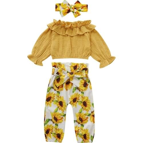 Citgeett Autumn Toddler Baby Girl Ruffle Tops Sunflower Pants Headband Outfits Autumn Fall Clothes