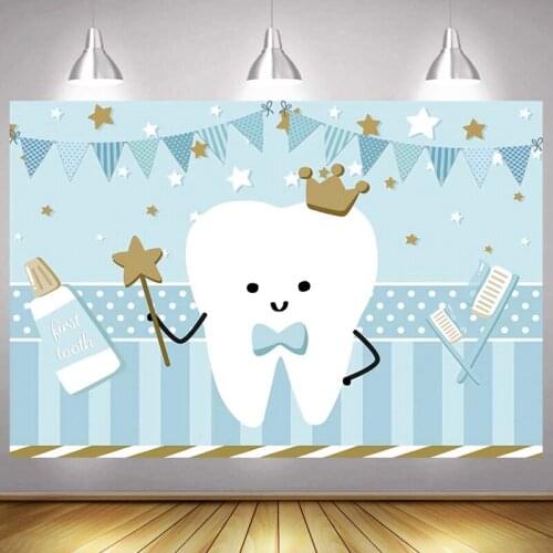 First Tooth Photo Backdrop Prince Boys Girls Newborn Baby Shower Happy Birthday Party Decoration Photography Backgrounds Banner
