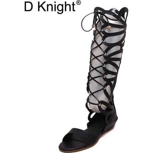 Sexy Cut-outs Lace Up Back Zip High Top Wedge Sandals Ladies Knee High Gladiator Summer Wedges Shoes Size 35-40 Girls Sandals
