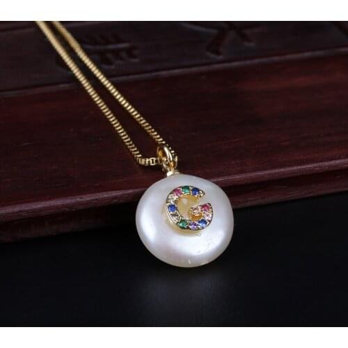 Rainbow Colors CZ Cubic Zirconia G Initials Letter Natural Coin Freshwater Pearl Pendant Gold Necklaces For Women Jewelry Girls