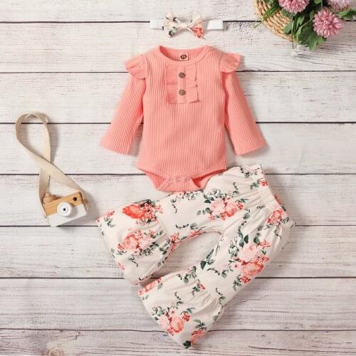 Pudcoco Newborn Baby Girls Clothes 3PCS Fall Outfits, Long Sleeve Rib Knitted Solid Romper + Floral Flare Pants + Headband Set