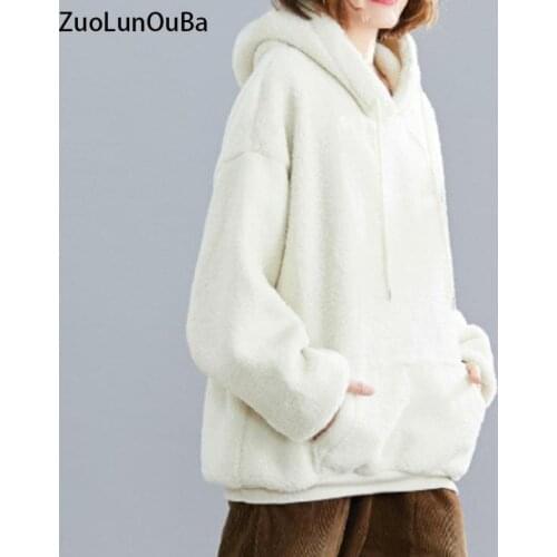 Letter Embroidery Faux Fur Fluffy Women Hoodies Autumn Winter Hooded Lady Sweatshirt Drop Shoulder Long Sleeve Pullovers Female