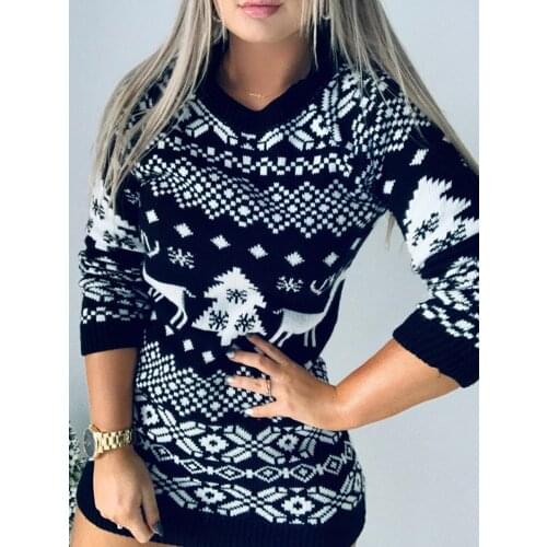 Christmas 2020 Sweater Women 3D Printed Elk Snowflake Jumper Tops O Neck Long Sweater Dress Pullovers Knit Female Winter Clothes