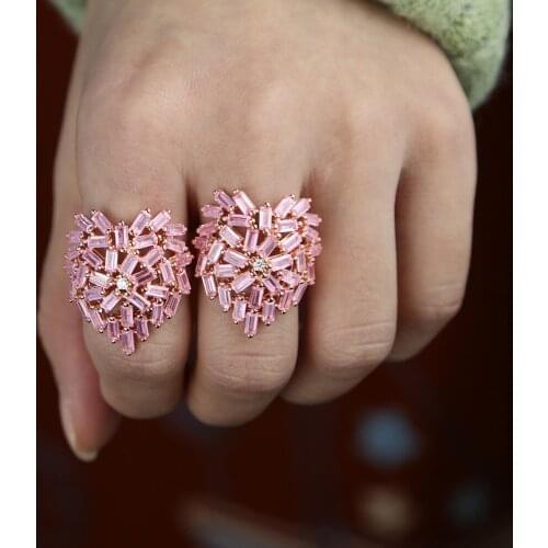 Pink girl women jewelry rose gold color pink cz Heart shape finger ring Cocktail women finger jewelry