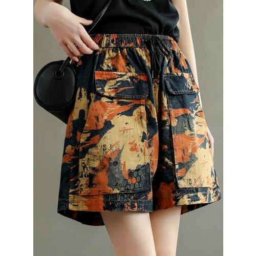 High Quality Women Loose Elastic Waist Denim Shorts Women Casual Oversize Vintage Printed Wide Leg Shorts