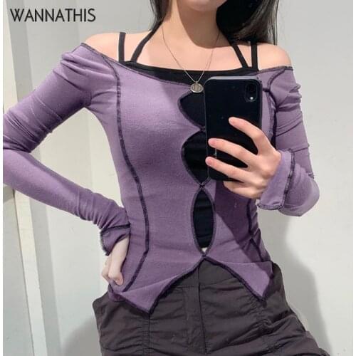 Sexy solid hollow out top long sleeve O-neck t-shirt woman 2020 casual Autumn Spring top