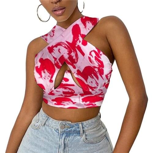 90s Aesthetics Floral Print Crop Tops Y2K Summer Streetwear Sleeveless Criss Cross Halter Neck Tanks Women 2021 Sexy Vests