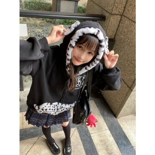 Hooded outerwear Japanese sweet punk girl cute cow plush cardigan streetwear Harajuku Kawaii long-sleeved zipper hoodies vintage
