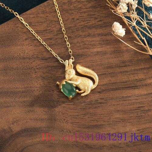 Green Jade Squirrel Pendant Chalcedony 925 Silver Gifts Women Charm Jewelry Gemstone Necklace Natural Chinese Zircon Crystal